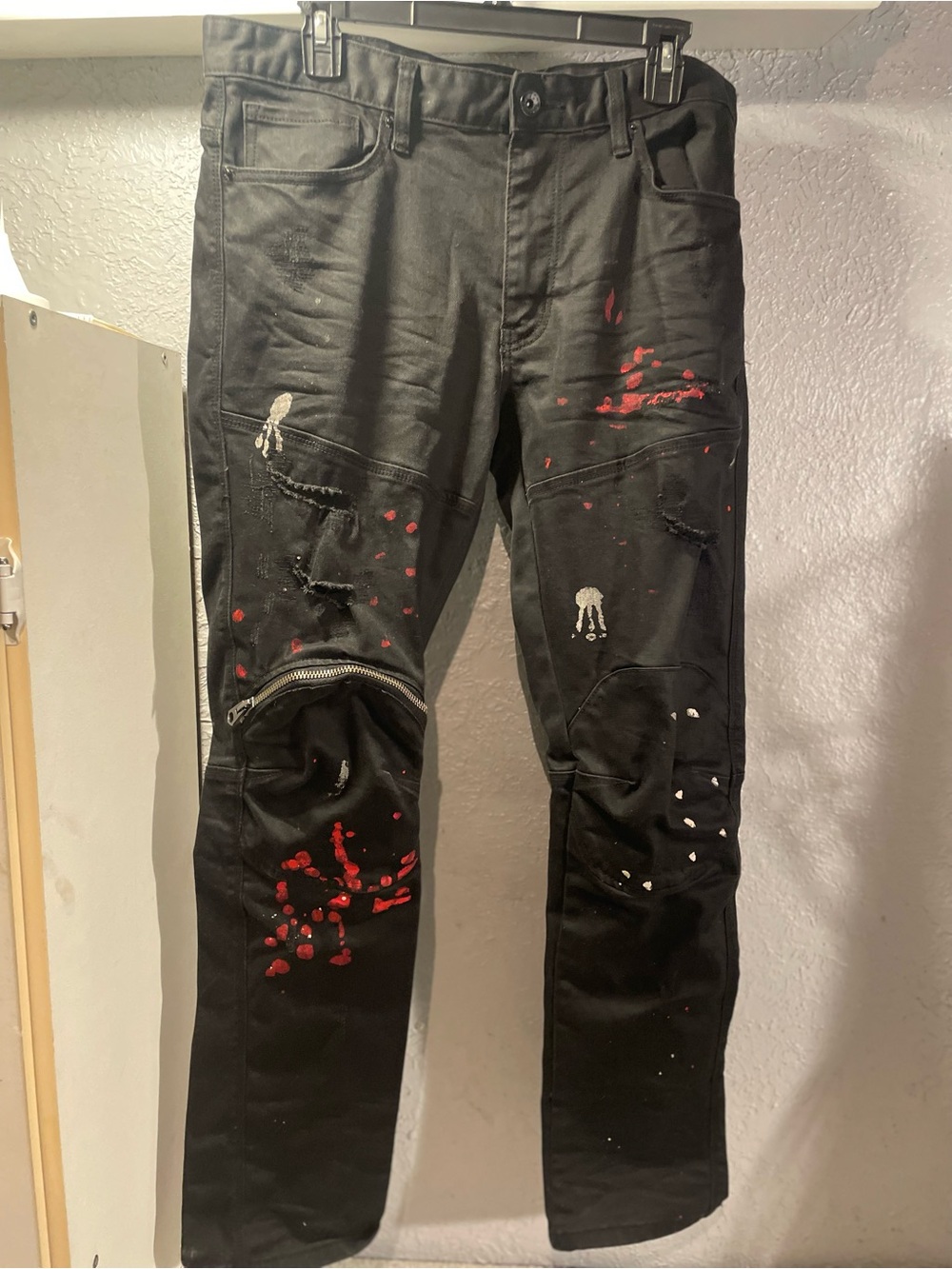 Black Men’s Cargo Pants with Red Paint-Splash Accents